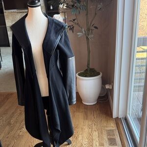 Black Long Knit Coat with Faux Leather Sleeve Panels